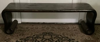 Rustic Low Profile Dark Wooden Bench, Curved Ends