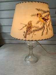 Vintage Kerosene Lamp Electrified To A Table Lamp With Hand Painted Parchment Lampshade Of Birds Signed