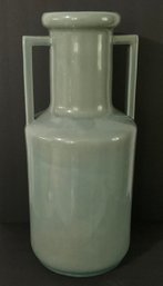 Floor Standing Crate & Barrel Glazed Celadon Buttress Handles, Cella Vase, Vessel.