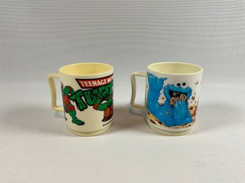 Set/2 Vintage Plastic Cartoon Mugs (TMNT & Cookie Monster) Ref: UH