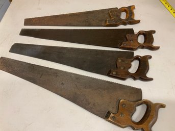 Lot Of 4 Various Vintage Hand Saws With Wooden Handles Great For Paint Crafting
