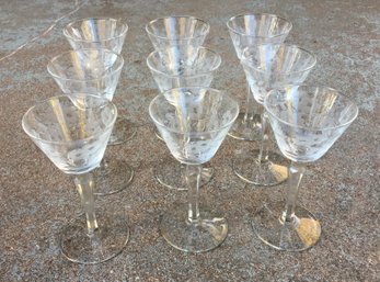 MCM Libby Glenmore Glass Floral Etched Crystal Champagne / Liquor / Cocktail Glasses Set Of 9