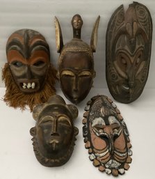 Set Of 5 Decorative Tribal Hand Carved Masks.