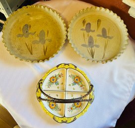 Vintage Plate Lot - 2 Pie Quiche Pottery Plates, One Divided Plate With Handle