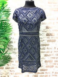 Exquisite Fully Beaded Navy Blue & Silvertone Cocktail Dress By Adrianna Pepell Size 6