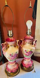 Pair Of Vintage Lamps, Pink Flowers