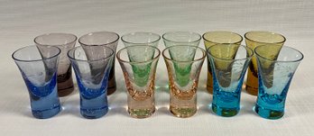 Vintage Multi-Color Etched Shot Liquor Glasses Set/12 Ref: LM