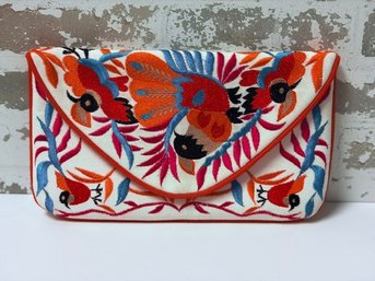 Vibrant Tropical Bird Embroidered Clutch / Shoulder Bag