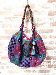 Boho Bead Embellished Fabric Hobo Sak Shoulder Bag