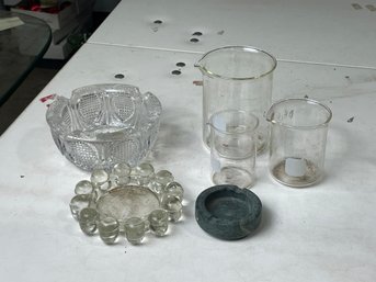Vintage Glass Lot, PYREX Beakers, Ashtrays/Bowl