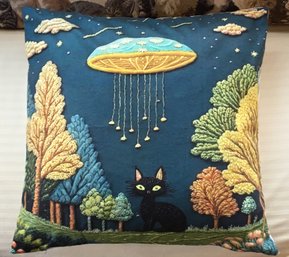 Black Cat Under Flying Saucer UFO Plush Pillow