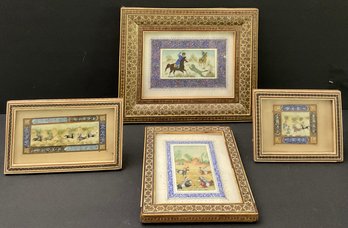 Khatam-kari Persian, 4 Hunting Scenes, Painted Camel Bone, Marquetry Frames