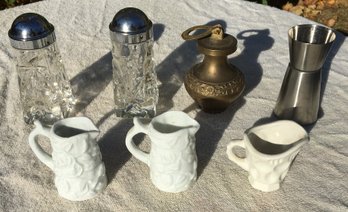 Barware Tableware Lot - 7 Items - Anchor Hocking Salt & Pepper Shakers, Brass Ginger Jar, Jigger, 3 Creamers