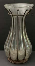Wrought Iron Caged Crackled Glass Vase, AS IS