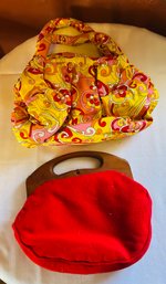 Pair Of Vintage Fabric Bags - One With Wooden Handles