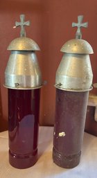 Pair Of Vintage Glass Cemetery Remembrance Candle Holders With Cross