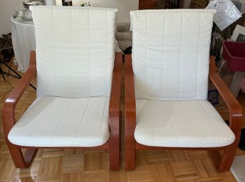Pair Danish Modern Chairs Cherry Frame Natural Cushions