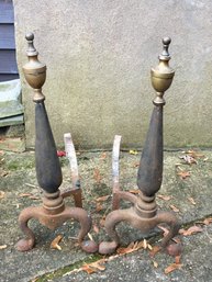 Antique 1800s Victorian Iron & Brass Top Fireplace Andirons