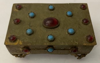 Petite Vintage Decorative Metal Inlaid Cabochon Stone, Keepsake Box.