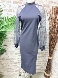 Custom Tailored Navy Sheer Sleeve Midi Dress