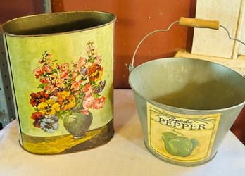 Vintage Metal Floral Trash Can And Metal Pail With Handle