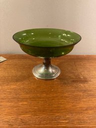 Sterling Silver Base Mid Century Candy Dish, Green Glass Top