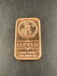 One AVDP Ounce .999 Fine Copper Bar