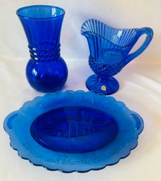 Lot Of 3 Cobalt Blue Glass Pieces (Vase, Pitcher, Plate)