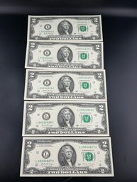 5 2017-A UNC $2.00 Bills In Numeric Order