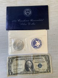 1971 Eisenhower Uncirculated Silver Dollar And 1935 D Silver Certificate Blue Seal Wrinkled Dollar Bill