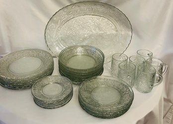 Large Lot Of Princess House Clear Glass Dinnerware In Floral Pattern