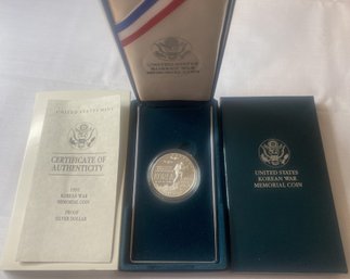 1991 U.S. Mint Korean War Memorial Proof Silver Dollar In Original Box With COA