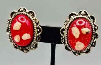 Vintage Silver Tone  Red Shell Clip-on Earrings