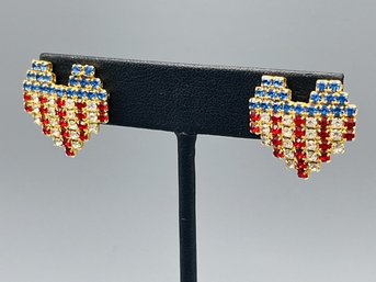Vintage Patriotic Heart Shaped Rhinestone Pierced Earrings