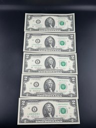 5 2017-A UNC $2.00 Bills In Numeric Order