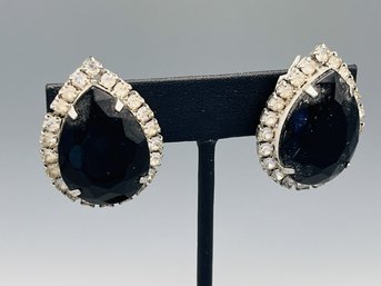 Vintage Teardrop Black Stone &  Rhinestone Clip-on Earrings