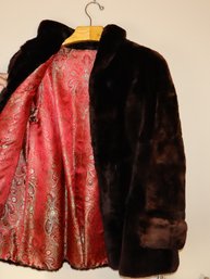 Dark Brown Faux Fur Coat With Metallic Brocade Red Paisley Lining