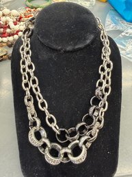 Silver-toned Double Strand Layered Chunky Link Necklace With Crystal Accents
