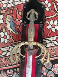 Large Old 44' Tall Ornate Medieval Sword Mounted For Wall Hanging Display
