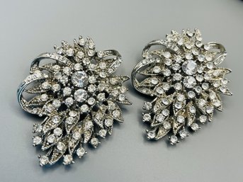 Vintage Silver Tone Rhinestone Brooch Duo - B12
