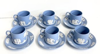 Set Of Six Vintage Wedgwood Pale Blue Jasperware Demitasse Cups And Saucer