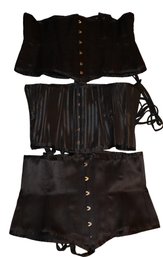 Trio Of Black Satin & Striped Underbust Lace-Up Corsets