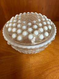 Vintage Anchor Hocking Moonstone Opalescent Hobnail Glass Powder Jar Or Trinket Dish