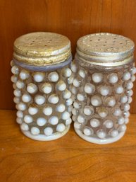 Pair Of Vintage Fenton Hobnail Milk Glass Salt And Pepper Shakers With Metal Lids