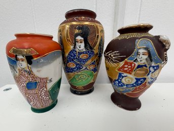 Vintage Satsuma Style Moriage Hand-painted Vases From Japan