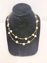 Gold-tone Double-strand Necklace Featuring Silver Beads