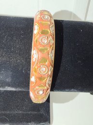 Vintage Bright Orange And Inset White Beads Bangle Bracelet Featuring An Enamel Finish