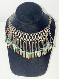 Vintage Gold-tone Bib Or Collar Necklace With Blue Beads And Fringe Details In The Egyptian Revival Style