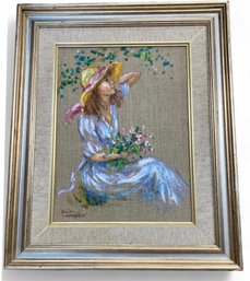 Framed & Signed Pastel Painting Of Woman Holding A Bouquet Of Flowers On Burlap