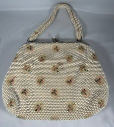 Vintage White Beaded Purse With Pink Flowers